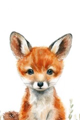 Naklejka premium Adorable baby fox depicted in a watercolor painting, perfect for children's books or nursery decor