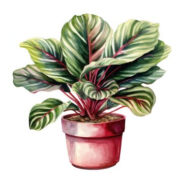 A watercolor painting of a Calathea plant in a red pot.