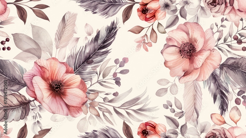Poster a beautiful pattern of pink flowers and leaves on a white background. suitable for various design pr
