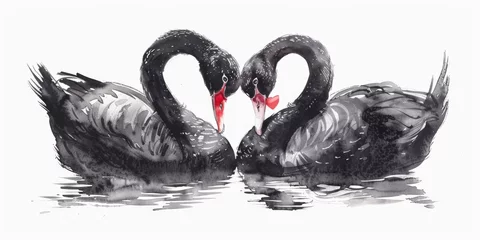 Fotobehang Two black swans creating a heart shape with their necks. Suitable for love and romance concepts © Fotograf