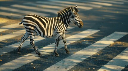 Naklejka premium A zebra crossing the street in the middle of the day. Suitable for transportation and urban themes