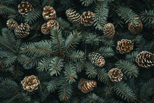 Pine cones clustered on a tree branch. Suitable for nature or Christmas themes
