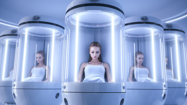 Human clone factory, Human in the capsules, capsule with human woman body inside