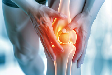 Close-Up Human Knee Pain Representation. Close-up of a person holding knee to indicate pain, suitable for health and medical contexts. - obrazy, fototapety, plakaty