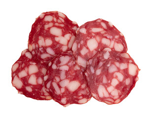 salami sausage cut into pieces isolated on white