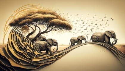 Fototapeta premium The Great Migration, Follow the journey of a family of endangered animals as they navigate changing habitats and human encroachment in their quest for survival. Generated AI.