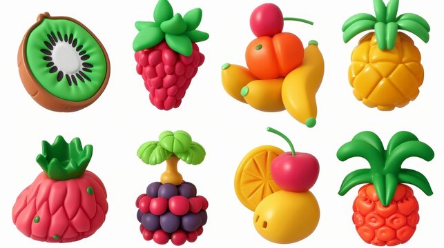 Various fruits icon set including watermelon, kiwi, orange, cherry, strawberry, raspberry, pineapple, lemon, banana, grapes.