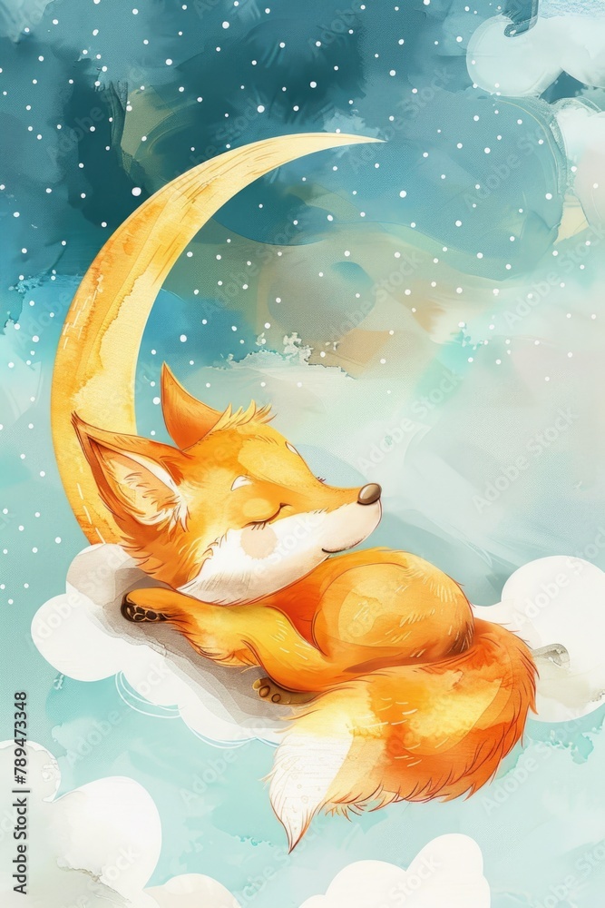 Poster peaceful fox resting on a fluffy cloud. suitable for nature and dreamy concepts