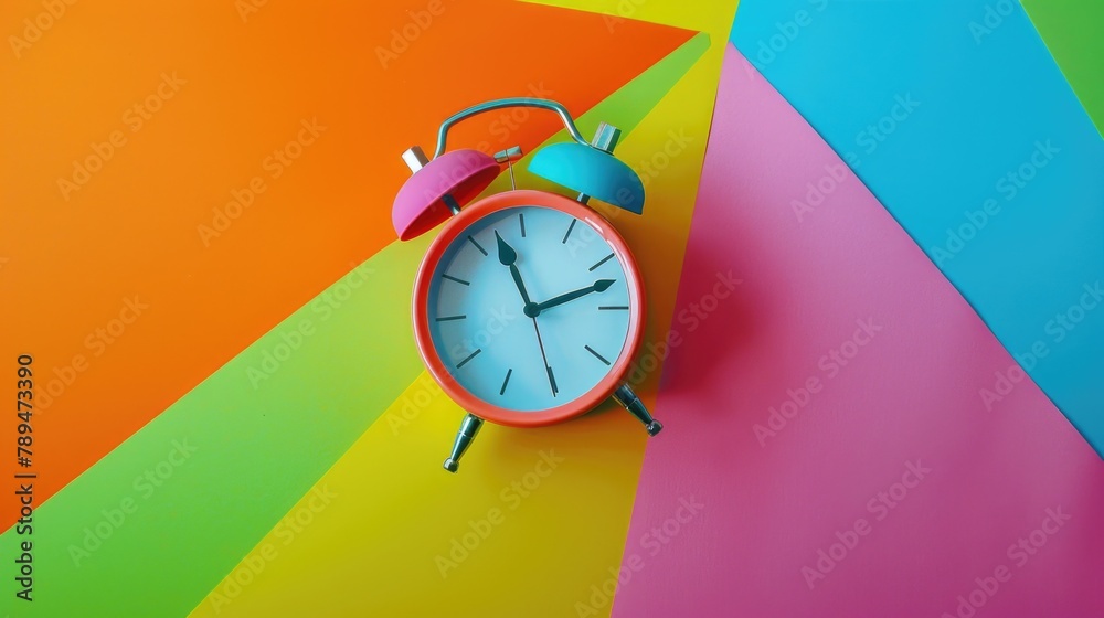 Poster A vibrant alarm clock placed on a colorful wall. Suitable for various design projects