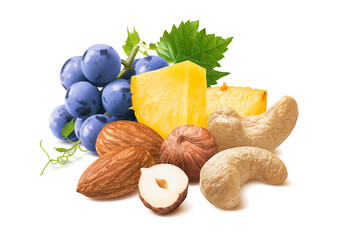 Blue grapes, pineapple, hazelnut, almond and cashew nut mix isolated on white background