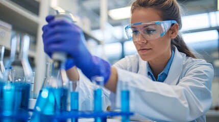 A woman in lab coat and goggles working on blue liquid, AI