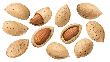 Whole and broken almond nut set isolated on white background