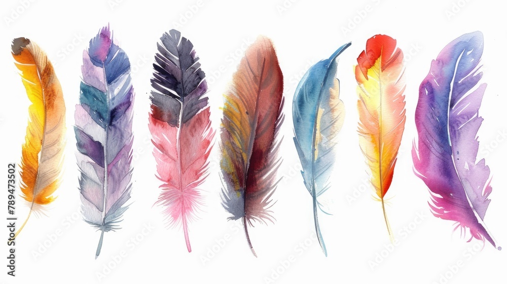 Poster Various colored feathers displayed on a clean white backdrop. Ideal for design projects and artistic concepts
