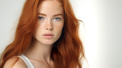 Fototapeta premium A beautiful image of a long-haired, ginger woman posing alone against a stark white background