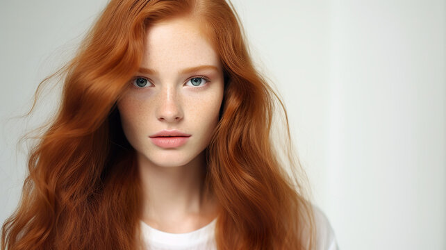 A beautiful image of a long-haired, ginger woman posing alone against a stark white background