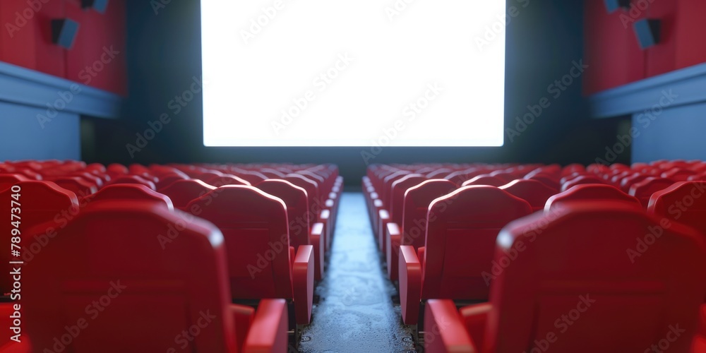 Poster a vacant theater with red seats and a large screen. ideal for use in presentations or movie-themed d