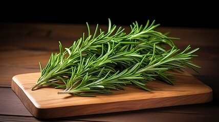 Fresh rosemary bouquet isolated on a wooden board against a backdrop of perfect white