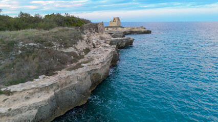 aerial pictures made with a dji mini 4 pro drone over Grotta della Poesia and San Foca, In Puglia,...