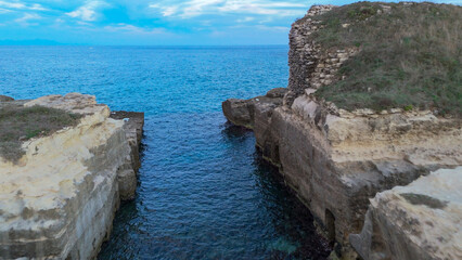 aerial pictures made with a dji mini 4 pro drone over Grotta della Poesia and San Foca, In Puglia,...