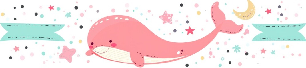 Adorable pink whale in a basic doodle-style logo with a vibrant star and moon in the background - obrazy, fototapety, plakaty