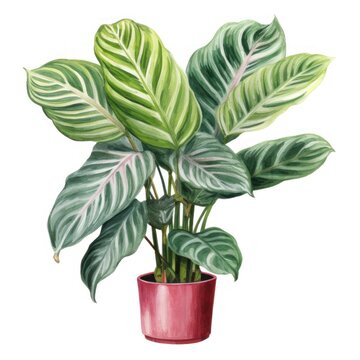 A watercolor painting of a large houseplant with green and white leaves in a pink pot.