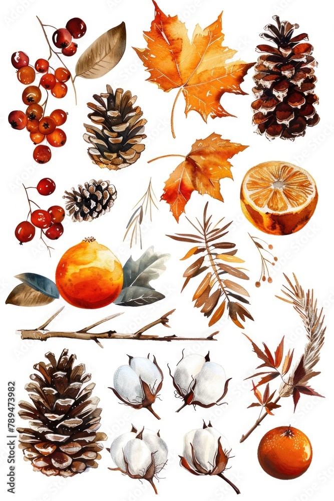 Poster Various types of leaves and fruits, suitable for multiple uses