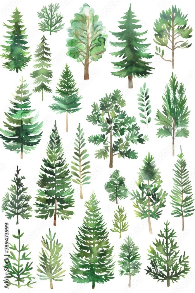 Poster A collection of watercolor trees on a white background. Suitable for various design projects