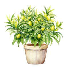 A watercolor painting of a lemon tree in a pot. The tree is full of green leaves and yellow lemons.