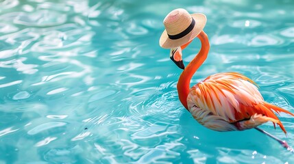 flamingo float with hat on blue liquid surface with pastel colors