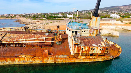 aerial pictures made with a dji mini 4 pro drone over the Edro III Wreck, Cyprus.