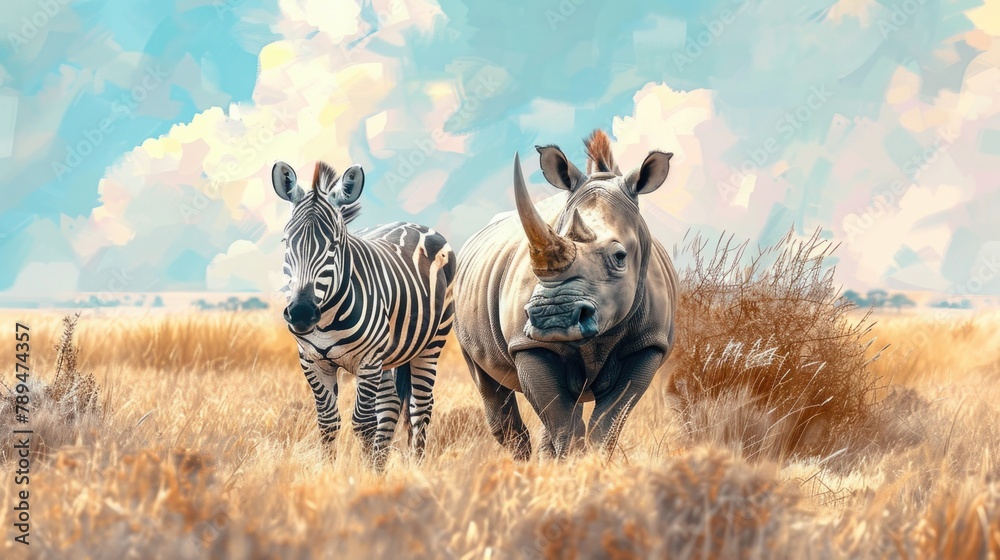 Aufkleber a painting of two rhinos and a zebra in a field. suitable for nature and wildlife themes