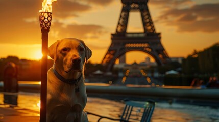 beautiful labrador breed dog next to the olympic torch in the background of the eiffel tower
