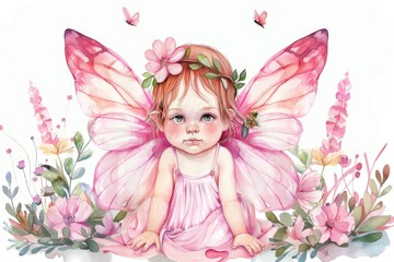 Fototapeta premium A little girl in a pink dress sitting in a field of flowers. Suitable for children's book illustrations