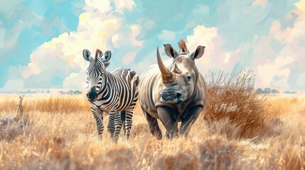 Fototapeta premium A painting of two rhinos and a zebra in a field. Suitable for nature and wildlife themes