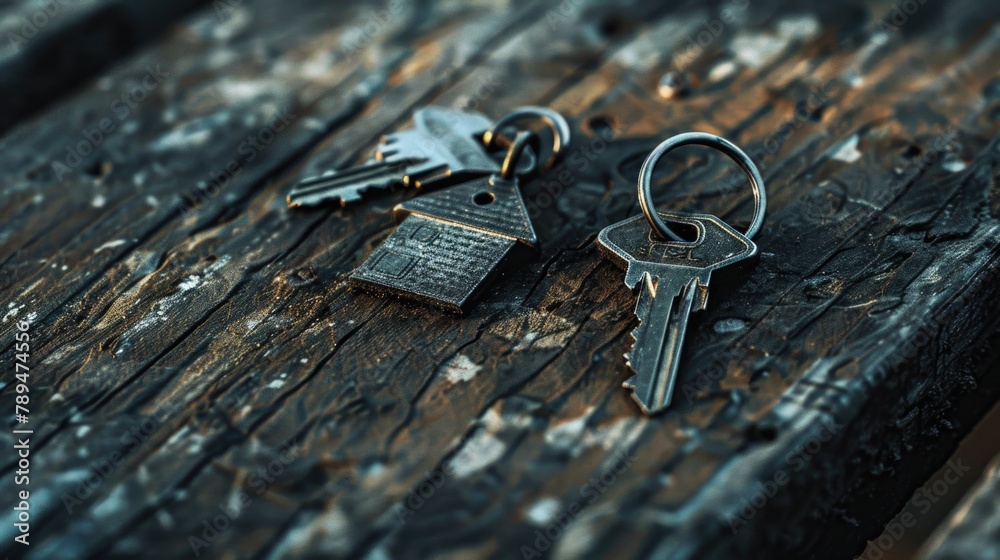 Poster A couple of keys placed on a wooden table. Ideal for illustrating concepts of security and access control