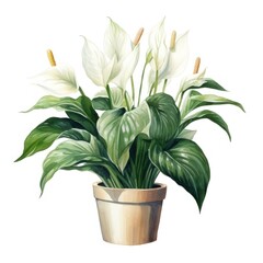 A watercolor painting of a peace lily in a pot.