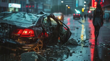 A car is in a pile of rubble on a rainy street