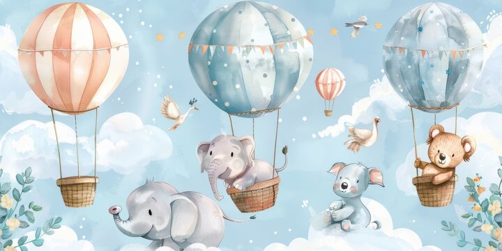 A surreal image of elephants and animals flying in the sky. Suitable for fantasy concepts