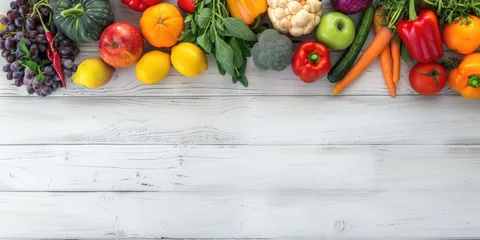 Fotobehang Fresh fruits and vegetables displayed on a clean white table. Ideal for healthy eating concepts © Fotograf