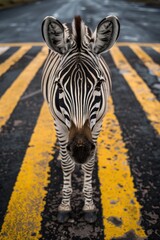 Naklejka premium Zebra standing in the middle of a road, suitable for wildlife or transportation concepts