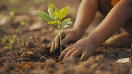 Nurturing the Future: A Child Plants a Tree as a Symbol of Humanity's Connection with Earth - obrazy, fototapety, plakaty