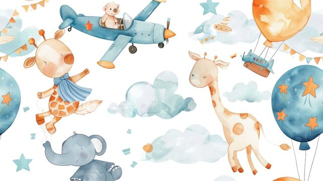 A surreal image of giraffes and elephants soaring through the sky. Perfect for creative projects and imaginative concepts