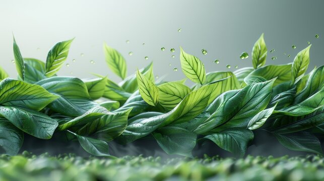 Green tea leaves flying in the air with a high resolution image on a white background. Concept of food levitation.