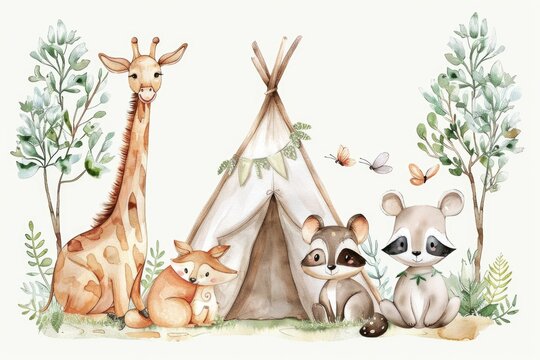 Group of animals sitting next to a teepee, suitable for nature and wildlife themes