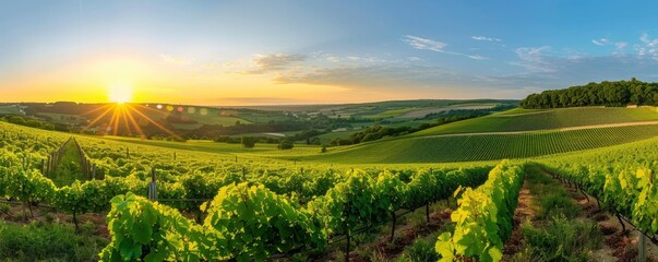 A panoramic view of sloping hills with rows of grapevines under a clear blue sky at sunset - obrazy, fototapety, plakaty