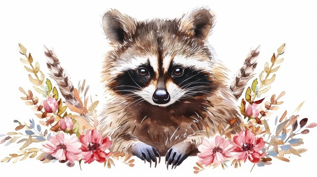A painting of a raccoon surrounded by colorful flowers. Suitable for nature and animal lovers