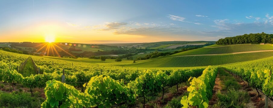 A panoramic view of sloping hills with rows of grapevines under a clear blue sky at sunset