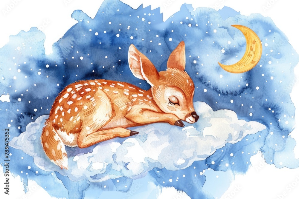 Poster A peaceful image of a fawn sleeping on a fluffy cloud with the moon in the background. Suitable for dreamy and whimsical concepts