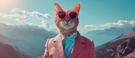 Anthropomorphic cat with a suit and pink shades with blue sky and mountains in the backdrop