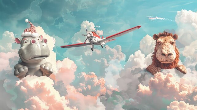 A surreal image of a giraffe and lion flying in the sky. Suitable for fantasy or dream-themed projects